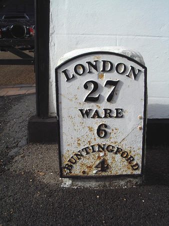 The cast-iron milestone in Puckeridge: London 27, Ware 6, Buntingford 4